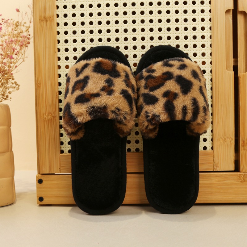 Fairy Style Leopard Print Fluffy Slippers Women's Outer Wear 2023 Autumn New Plush Air-Conditioned Room Lazy Word Cotton Slippers