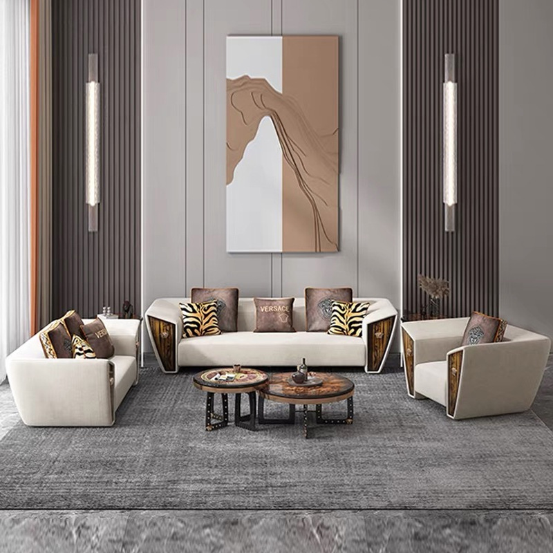 意式轻奢香槟金实木底座客厅沙发 钛金色烤漆颜色白檀木皮沙发