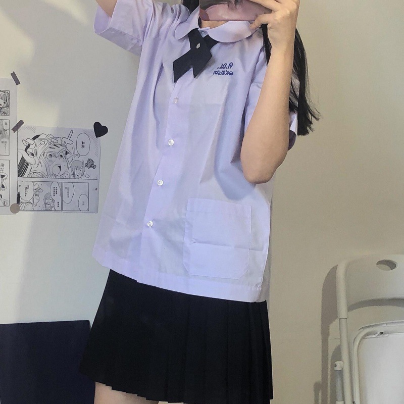 学院风泰式校服jk淡紫短袖学生衬衫初恋百搭圆领娃娃领上衣少女