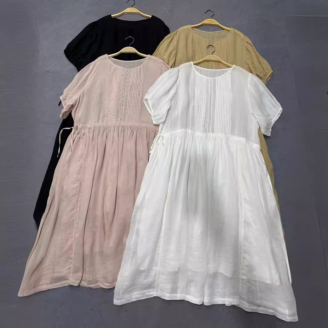 日系苎麻纯色短袖连衣裙女2023夏季新款蕾丝风琴褶圆领侧系带长裙