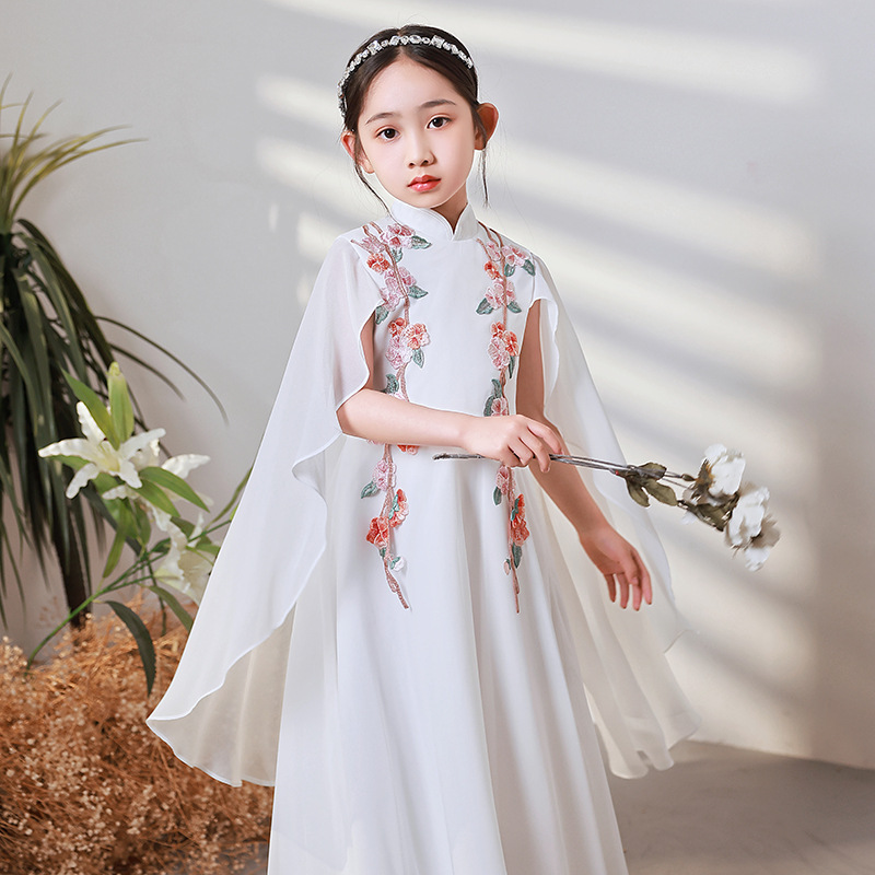 女童古筝演出服装大童儿童白色旗袍中国风演奏朗诵比赛合唱表演夏