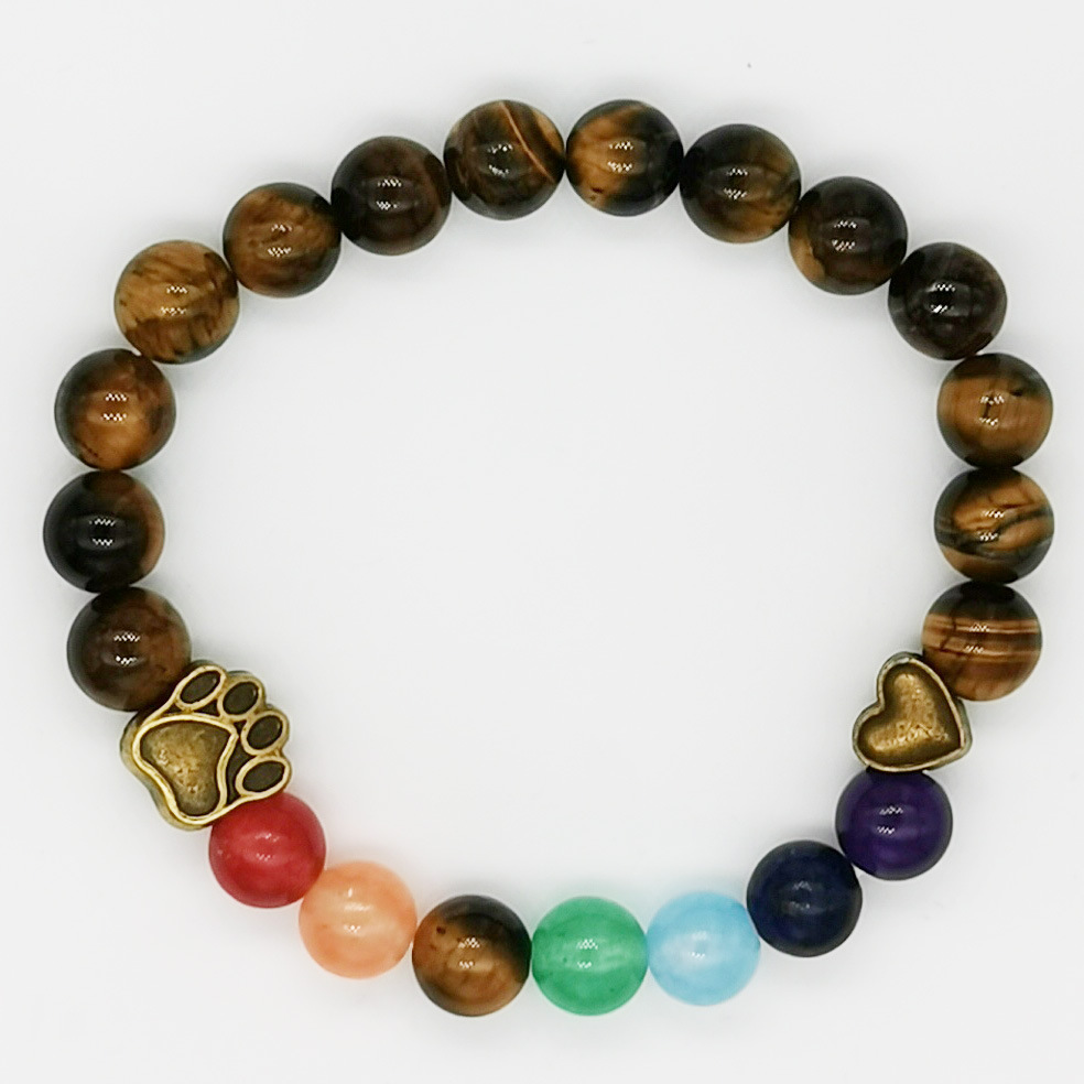 七彩能量天然石瑜伽手链女 狗脚印爱心love手串 跨境情侣饰品