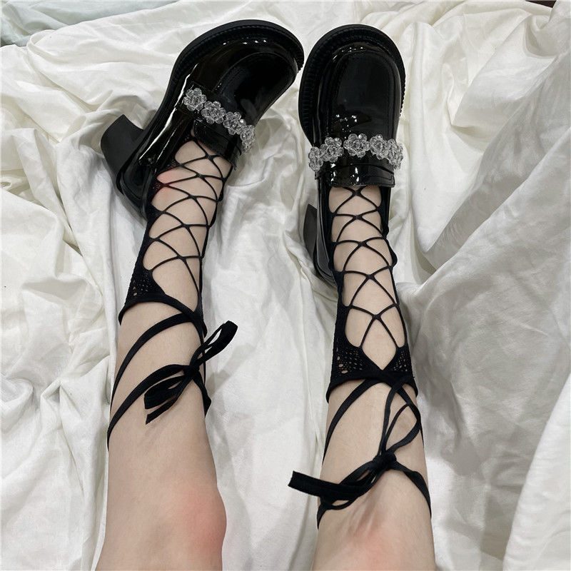 洛丽塔白色蕾丝绑带小腿袜子lolita少女可爱系带夏季jk中长筒薄款