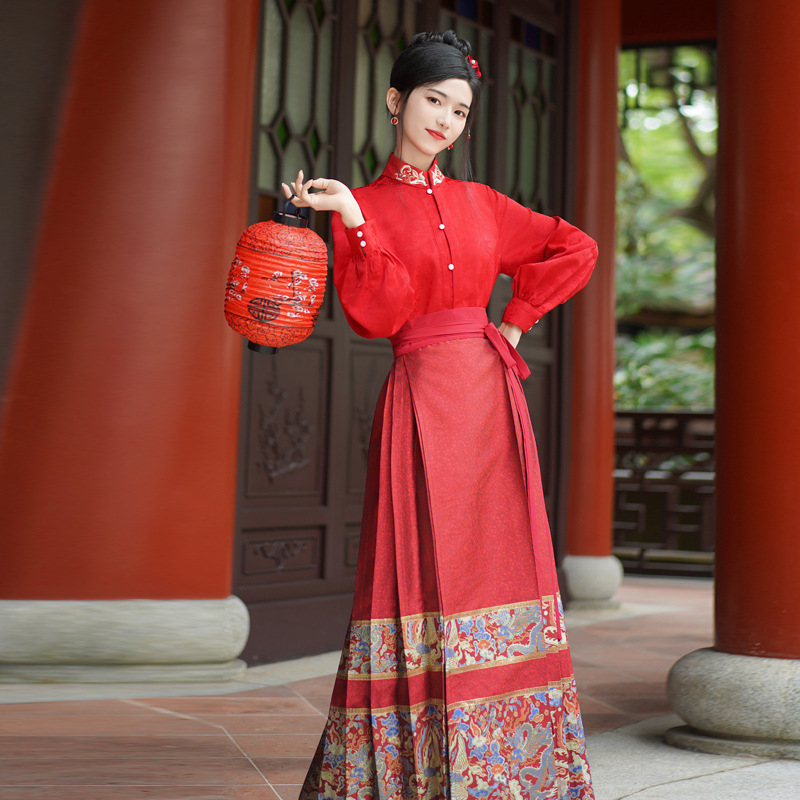 Real Shot Longfeng Heavy Industry Woven Gold Red Horse-Face Skirt Cloud Shoulder Women's Han Chinese Clothing Toast Engagement Dress New Chinese National Style Suit