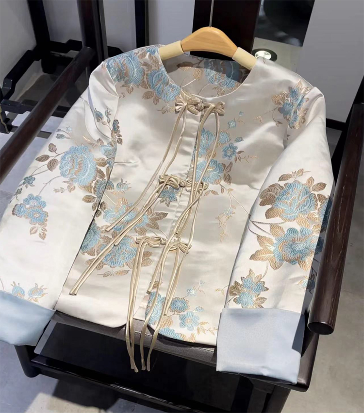 新中式国风小棉袄锦缎提花保暖薄棉服女改良唐装复古夹棉短外套