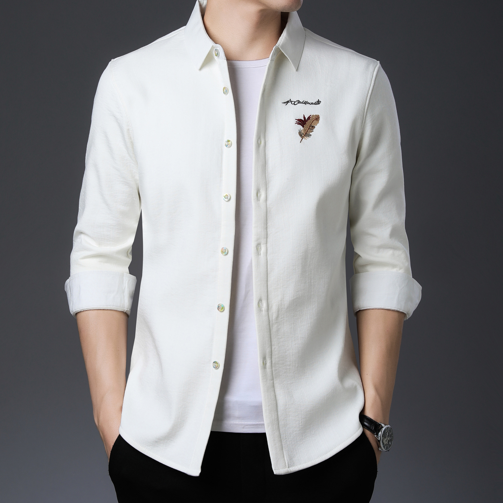 棉麻秋款男士时尚衬衫 圆领绣花新款舒适百搭长袖上衣 潮男爸爸装