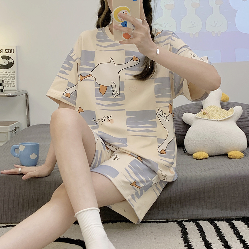 New Pajamas Women's Summer Short Sleeve Shorts Cotton Suit Korean Students Sweet Cute Cartoon Ladies' Homewear