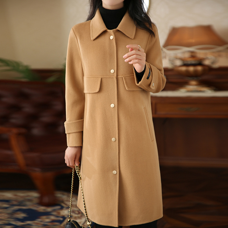 秋冬新款双面羊绒大衣女中长款气质娃娃领修身毛呢厚大衣外套