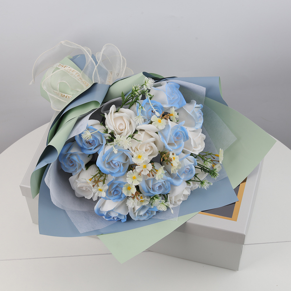 Foreign Trade Valentine's Day Finished Product Ice Crushing Blue Rose Soap Bouquet Gift Box Hand Bouquet Starry Sky Dried Flower Eternal Flower