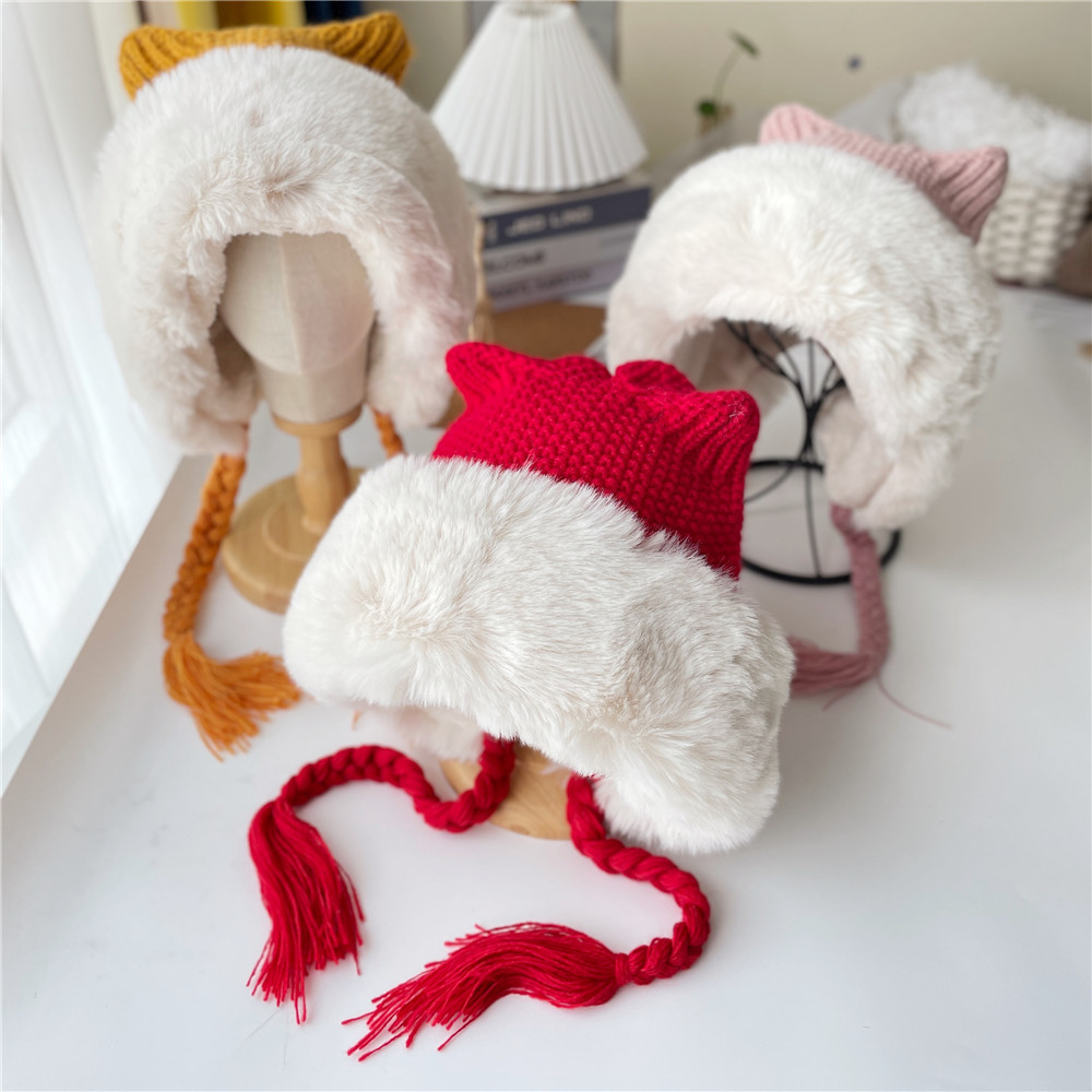 冬季毛绒儿童牛角保暖护耳帽手工耳朵针织加绒防风防寒针织风雪帽