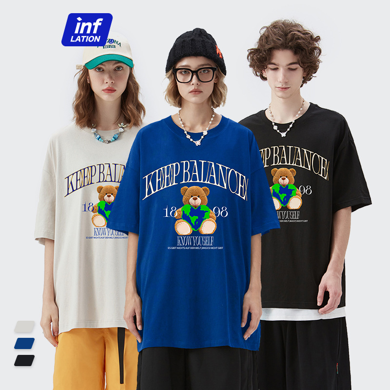 inf男装|2022夏季新品潮牌美式卡通爱心玩偶熊印花宽松短袖t恤男