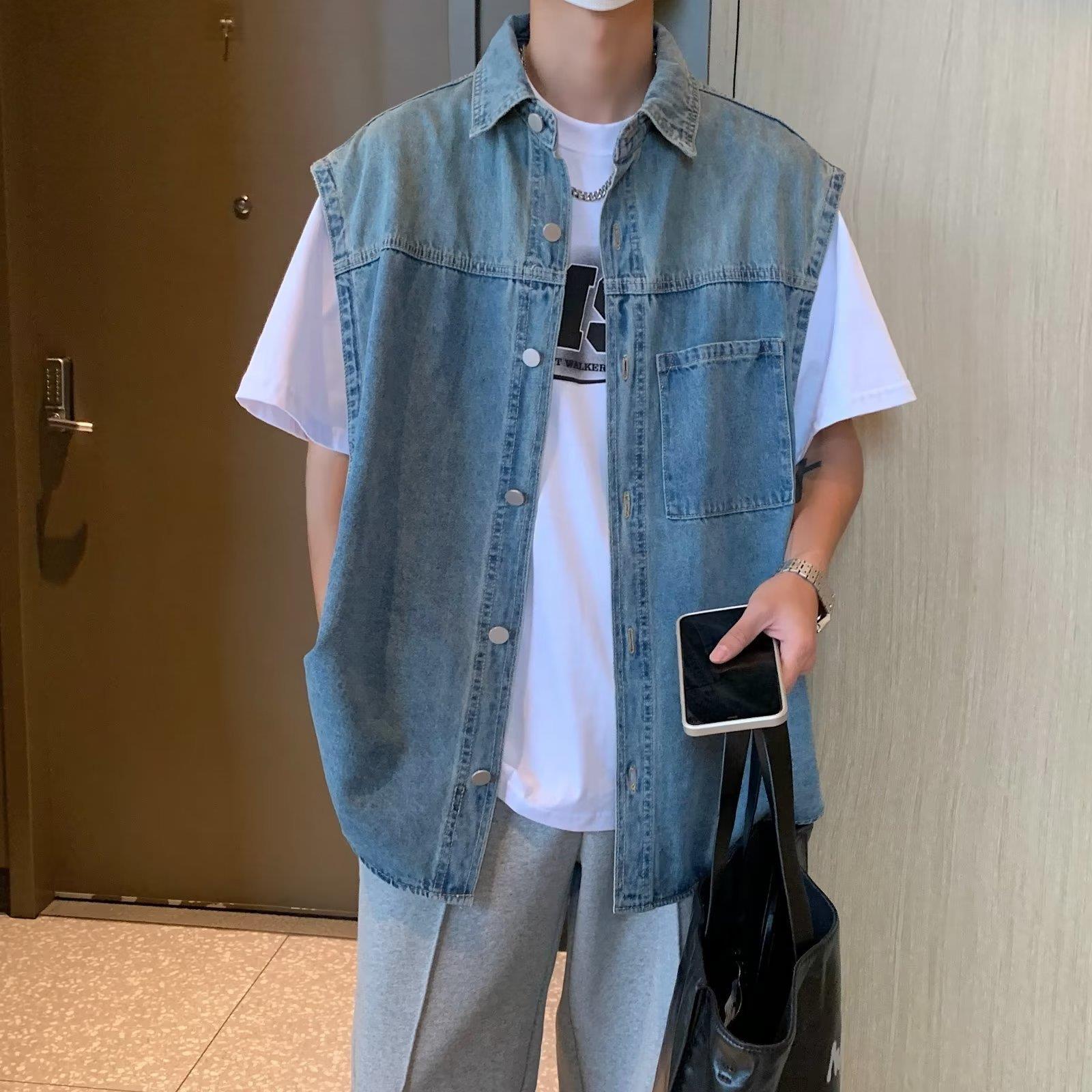 美式做旧牛仔马甲男时髦宽松休闲背心坎肩外套上衣服男装一件代发