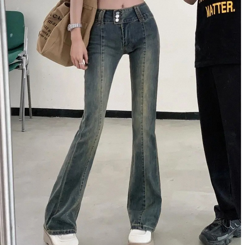 American Hot Girl Retro Stretch Jeans Women's Autumn New Straight Slim Mop Bootcut Pants Pants Fashion