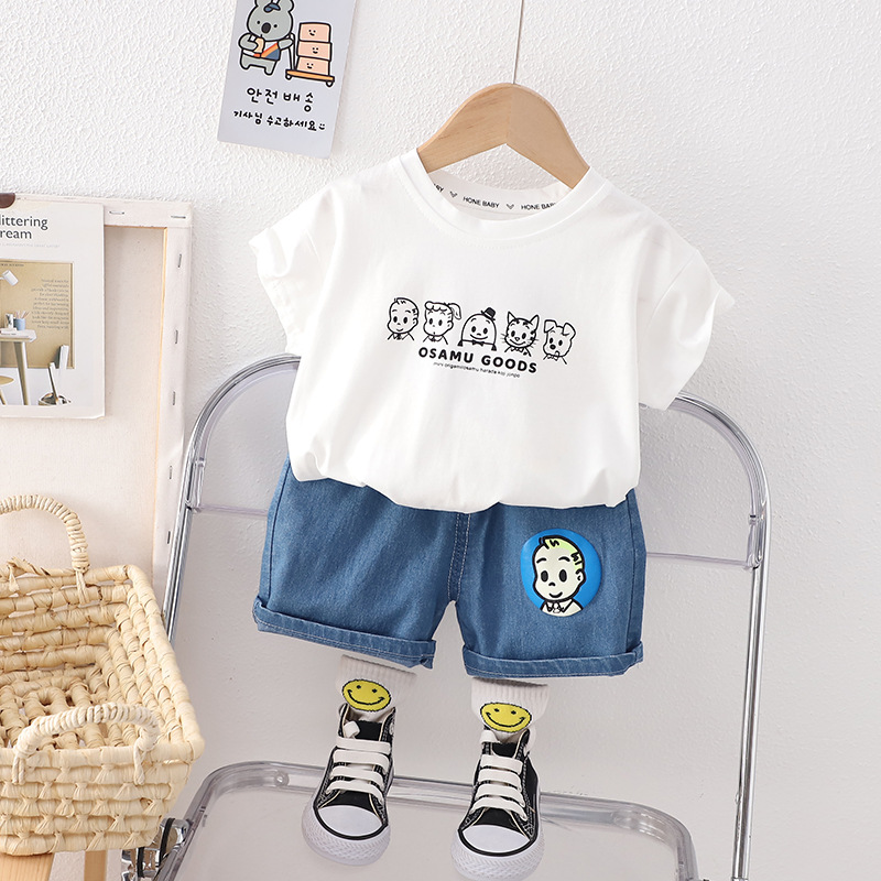 2024 New Fashionable Children's Clothing Children's Short-Sleeved Suit Boy Summer Clothing Clothes Fashion Baby Summer round Neck Two-Piece Set