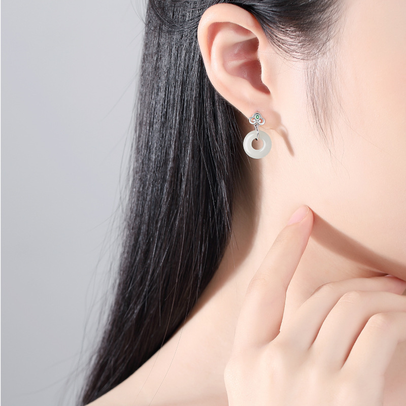 Water Drop Earrings Elegant Stud Earrings for Women New Chinese Advanced Antique Fan Hetian Jade Eardrop Earring Retro Design