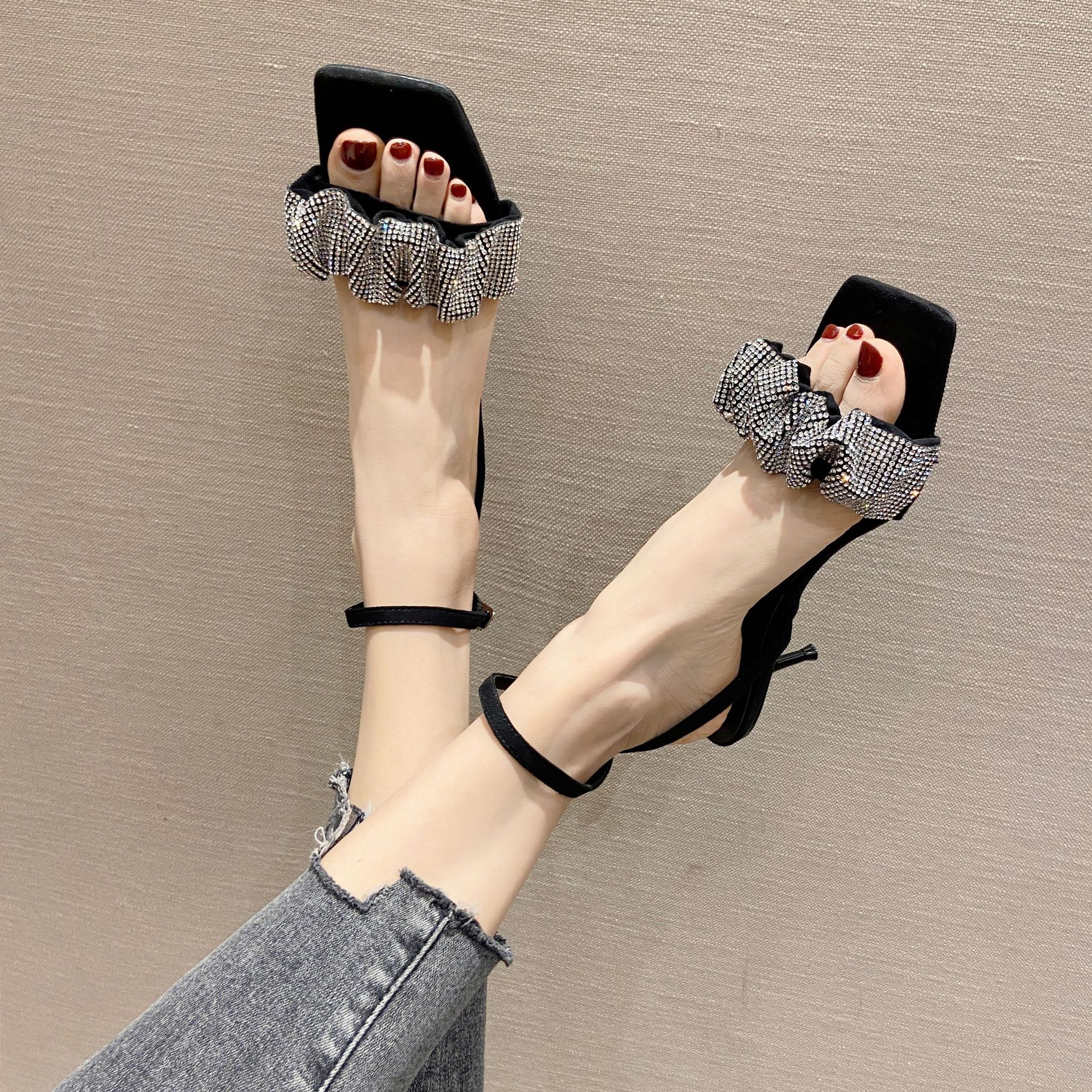夏季款水钻细跟露趾凉鞋女高跟方头仙女一字扣带法式高跟鞋2889-2