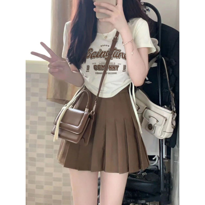 夏季新款韩系短裙套装女学生时尚穿搭短款上衣t恤jk百褶裙两件套