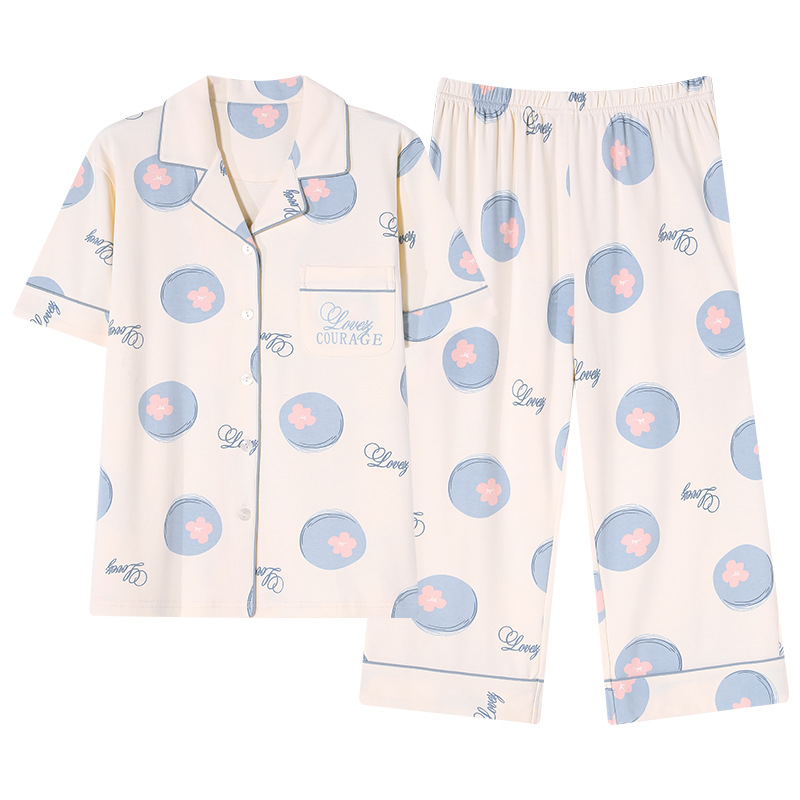 Summer New Pure Cotton Pajamas Women's Short-Sleeved Cropped Pants Two-Piece Set Large Size Loose Lapels Homewear Suit Women