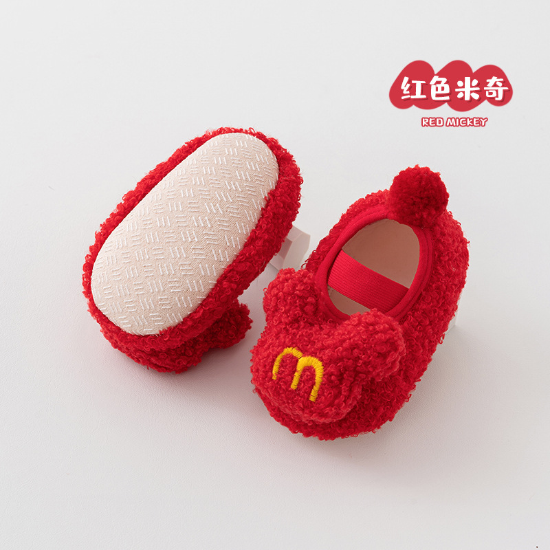 Baby Floor Shoes Socks Autumn and Winter Thickening Terry Mid-Calf Red New Year Baby Non-Slip Soft Bottom Floor Anti-Slip Shoes and Socks