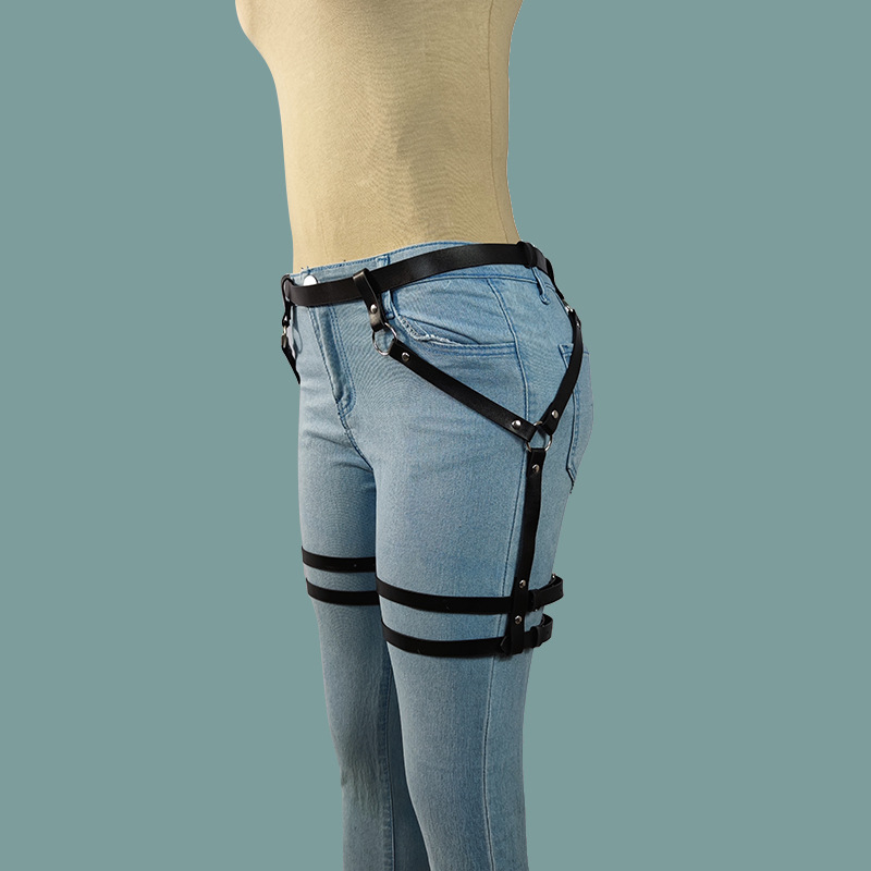 源头厂家欧美smfk双节绑腿pu皮革时尚配饰镂空束腿sm情趣用品批发