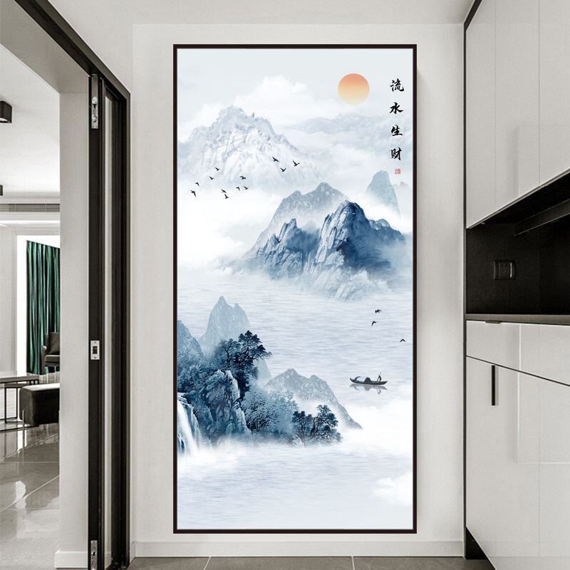 新中式玄关自粘入户走廊装饰山水画墙贴屏风过道贴纸客厅壁纸贴画