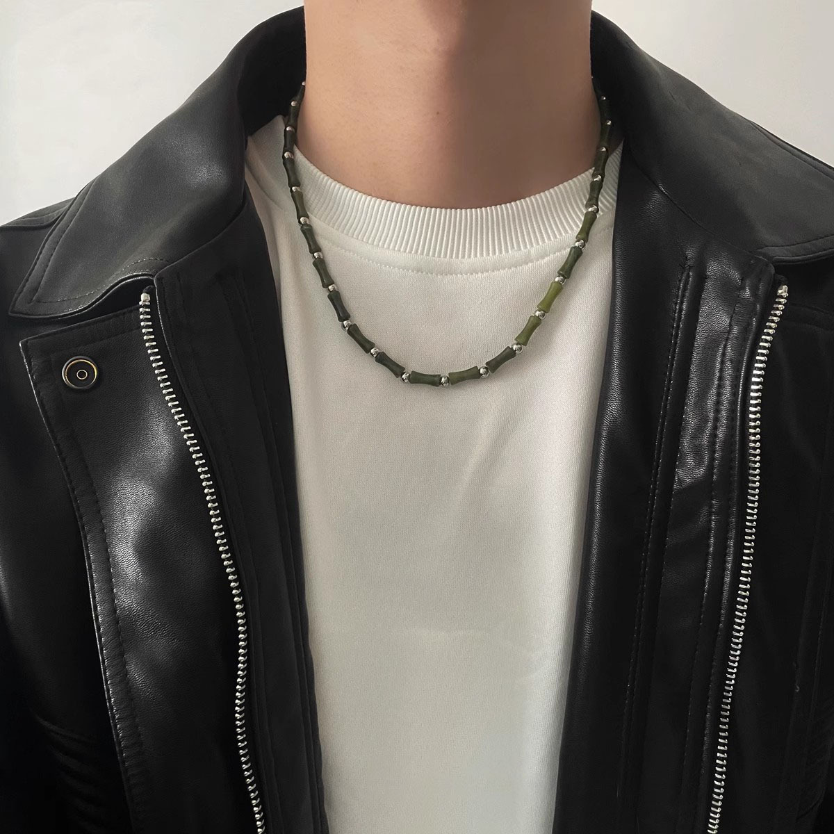 新中式玉石竹节拼接项链男高级感百搭锁骨链配饰小众国风颈链饰品