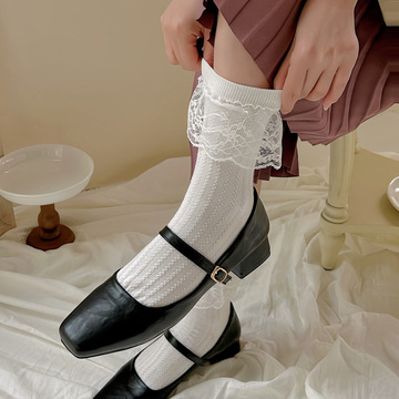 大花边女袜洛丽塔少女翻边皮鞋袜复古棉袜蕾丝甜美少女袜黑白jk袜