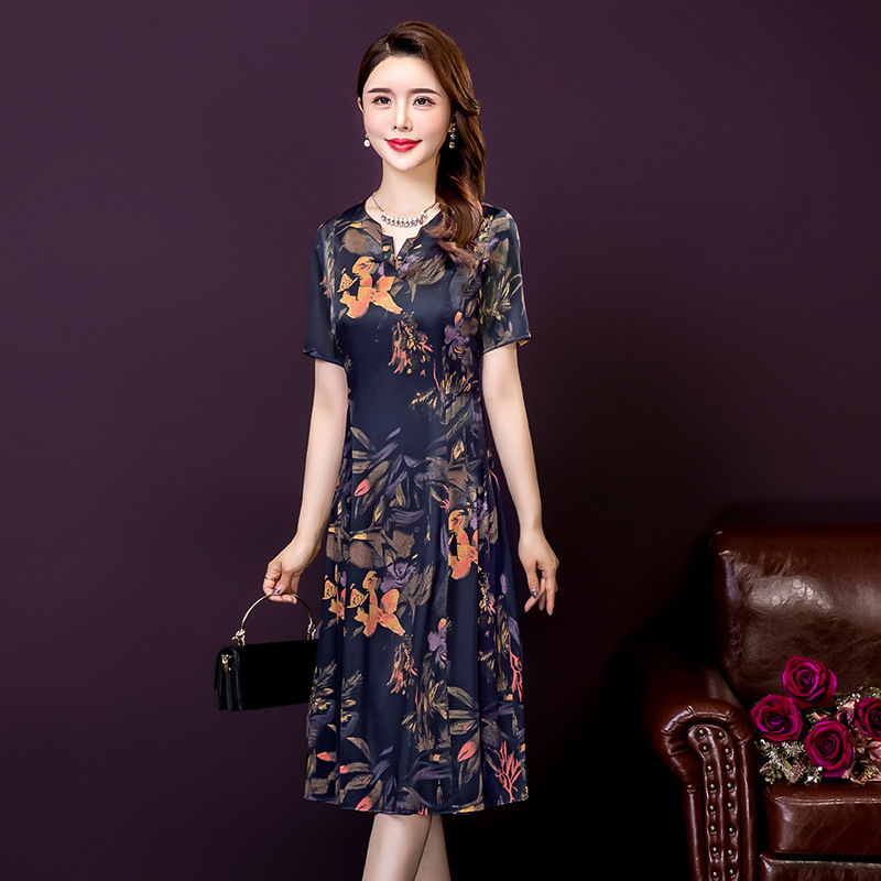 时尚减龄40-60岁中老年裙子2024夏季新款宽松大码印花短袖连衣裙