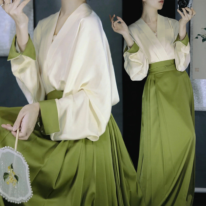 改良衬衫配马面裙套装女日常通勤绿色国风中秋节汉服女古装小个子