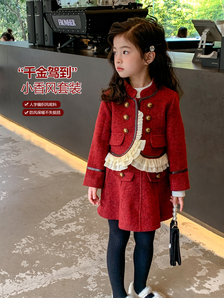 girls‘ chanel suit 2023 new winter clothes children‘s trendy coat children‘s clothing temperament skirt two-piece set