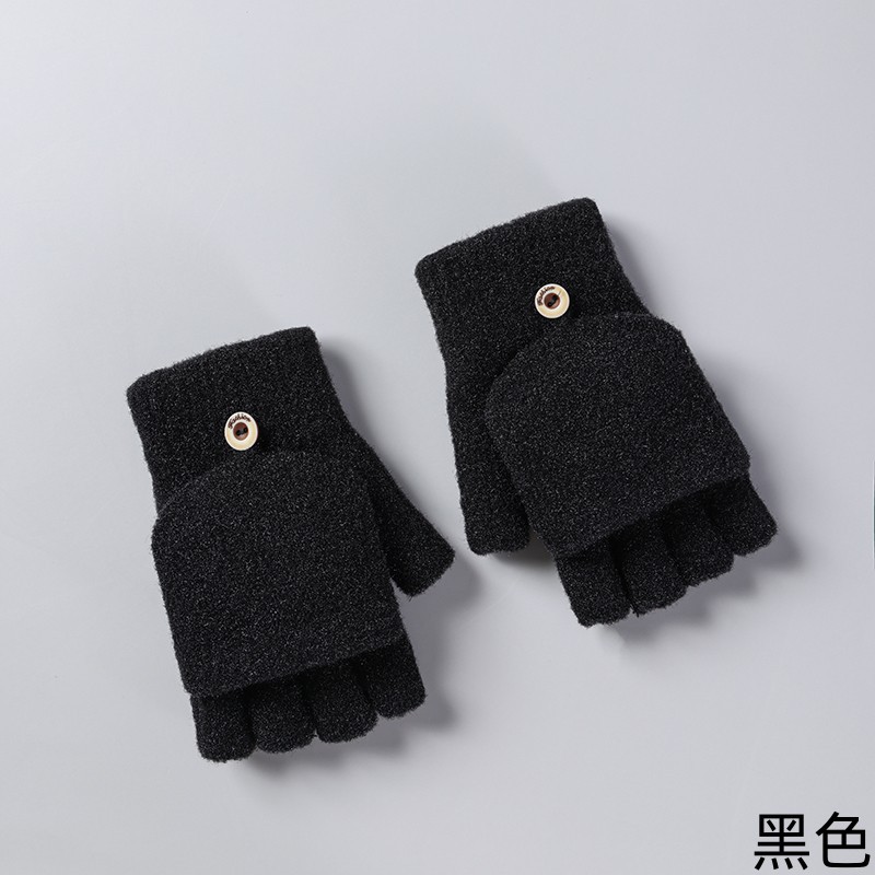 Student Cute Gloves Women's Winter Half Finger Flip Knitted Leaky Finger plus Velvet Thickened Cold-Proof Warm Open Finger Wholesale