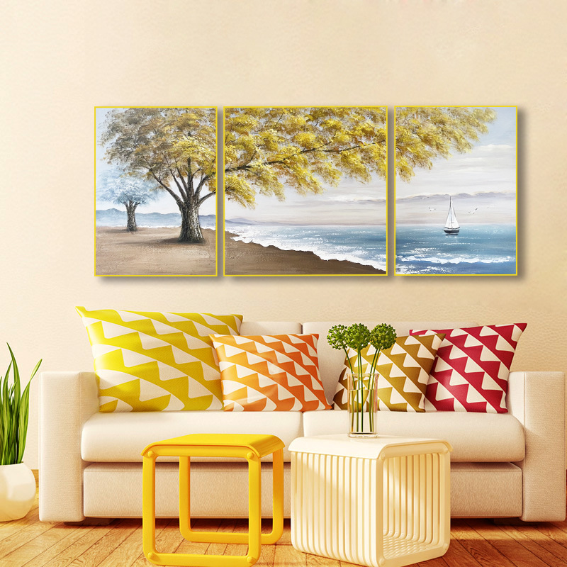 纯手绘三联装饰画现代简约沙发背景墙立体挂画客厅风景花卉套画油