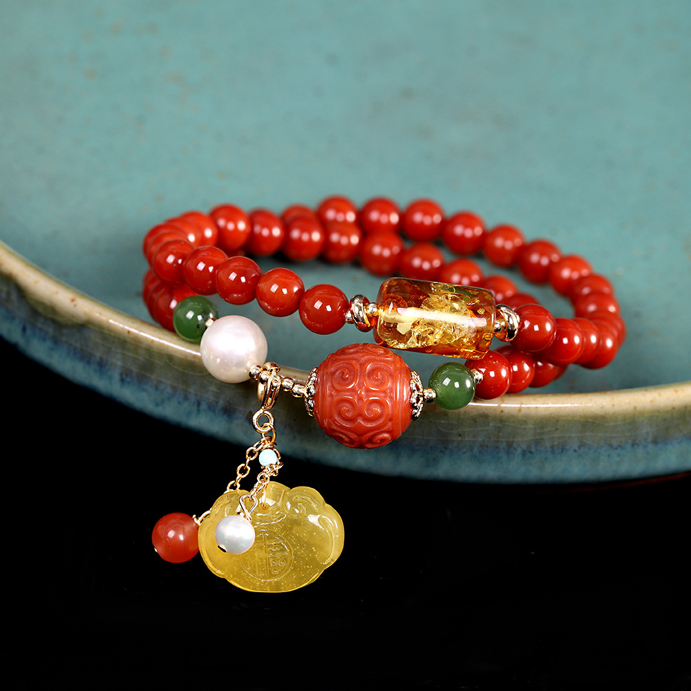 人品银品 s925银镀金南红玛瑙雕刻如意手串 时尚潮流女式手链跨境