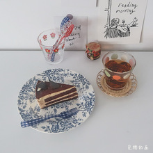 E0PB批发见物如面 法式浪漫ins复古手绘蓝花西餐盘子蛋糕甜品盘早