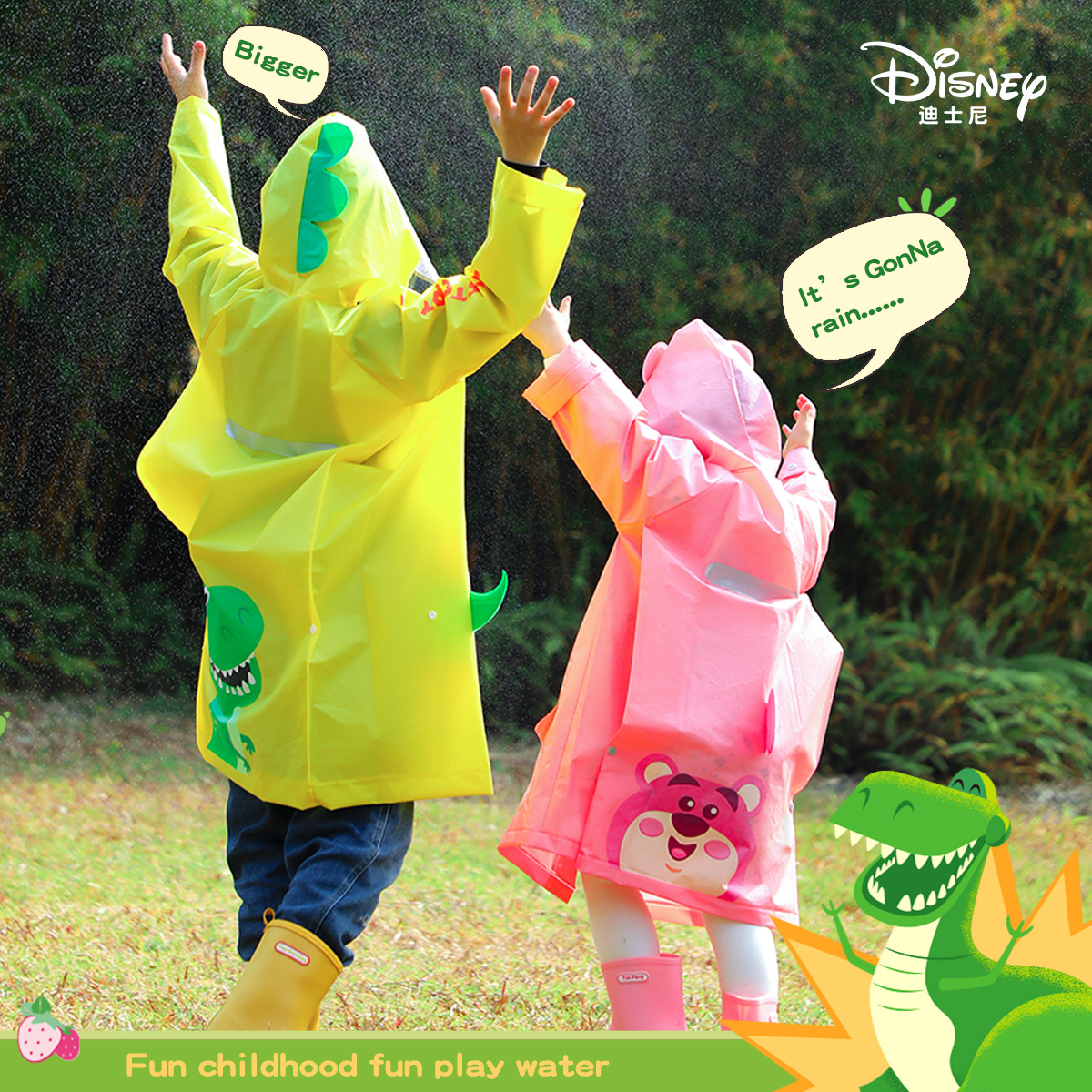 Disney Disney Ua0009t3 Series Children's Cartoon Cute Strawberry Bear Dinosaur with Schoolbag Raincoat