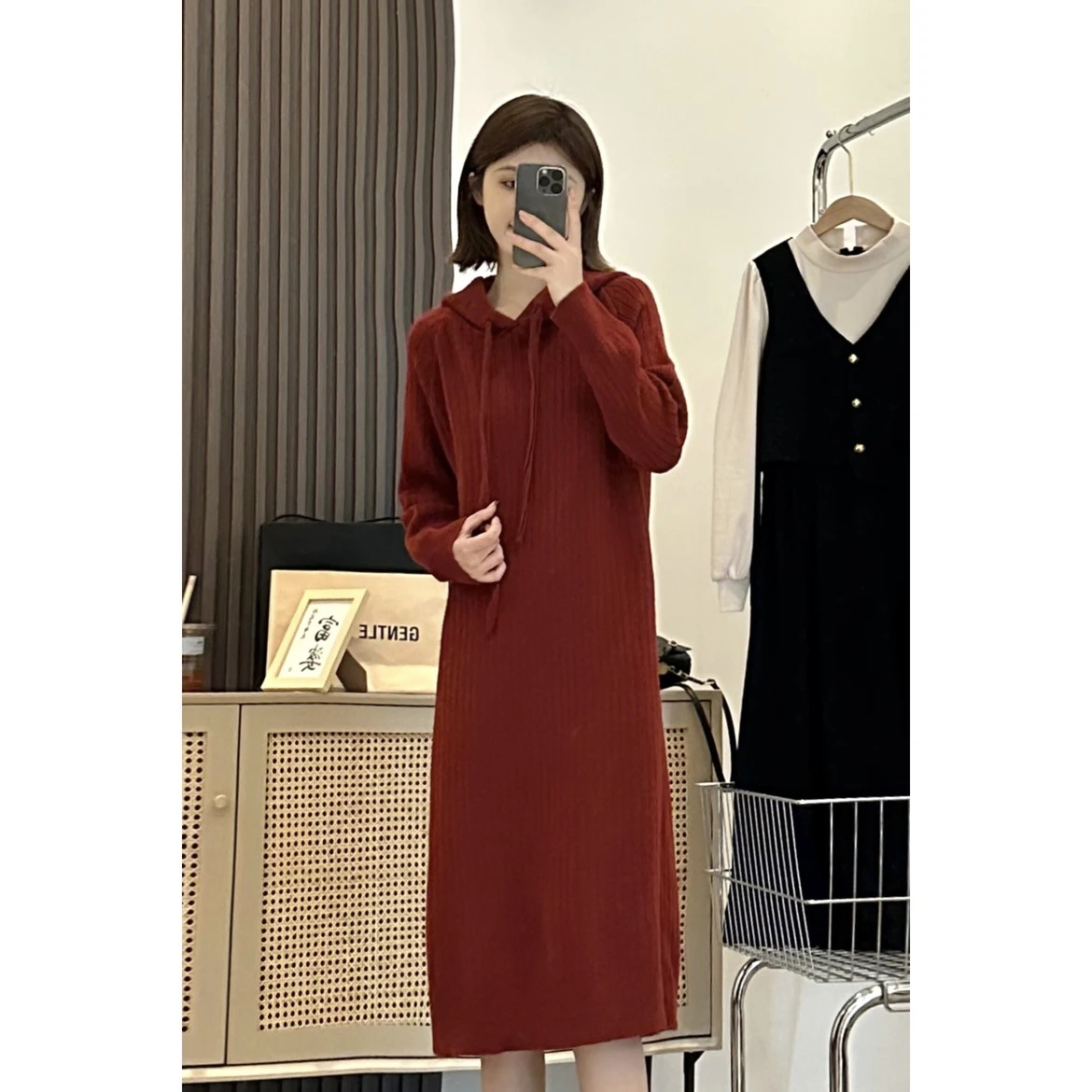 Women's Long Base Knitting Dress Autumn and Winter New Match with Coat Inner Wear Loose and Idle Hooded Sweater Woolen Skirt