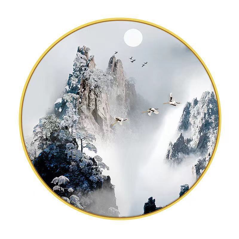 新款钻石画满钻山峰仙鹤圆形钻石画客厅走廊手工粘贴山水画风景