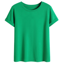 2024年新款夏季纯色短款宽松棉大码长袖ins绿色正肩短袖t恤女潮