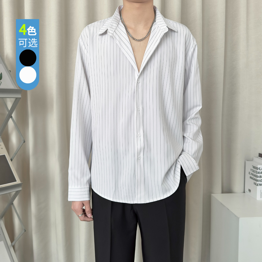 男士白衬衣男条纹长袖men shirt商务休闲男款黑色白色衬衫免烫