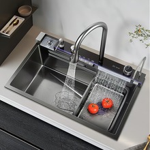 数显蜂窝家用厨房洗碗池飞雨瀑布水槽黑色纳米不锈钢洗菜盆大单槽