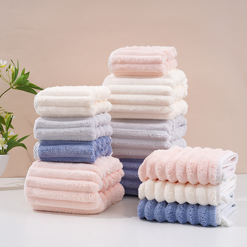 Popular Stripe Coral Fleece Towels Hair Care Hair-Drying Cap Set Thickened Absorbent No Lint No Fading Home