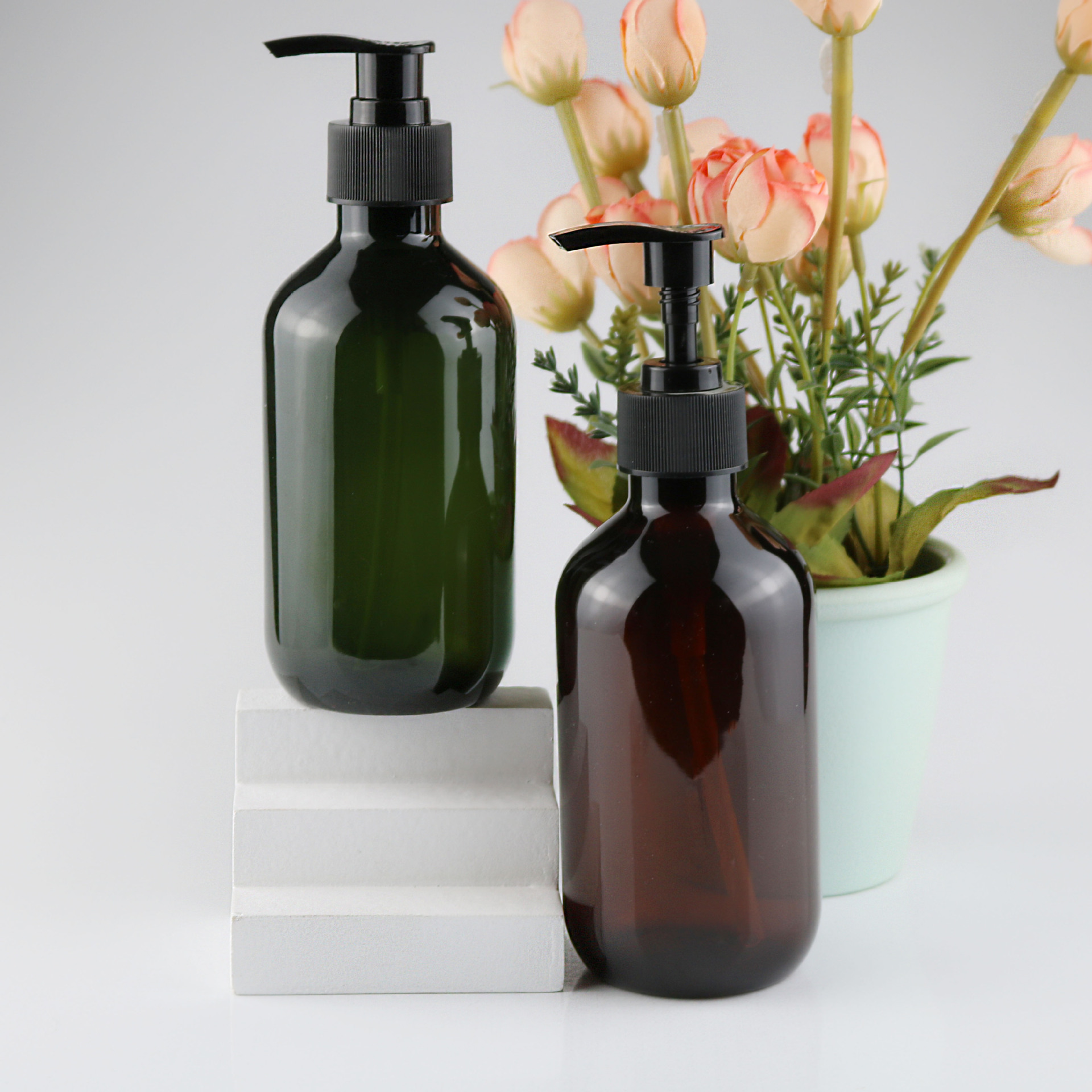 洗发水瓶子300ml茶色绿色塑料沐浴露包装瓶化妆品乳液瓶