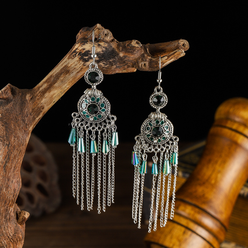 New Baroque Exotic Style round Compass Long Chinese Style Earrings Women's European and American Retro Tassel Temperamental Earrings