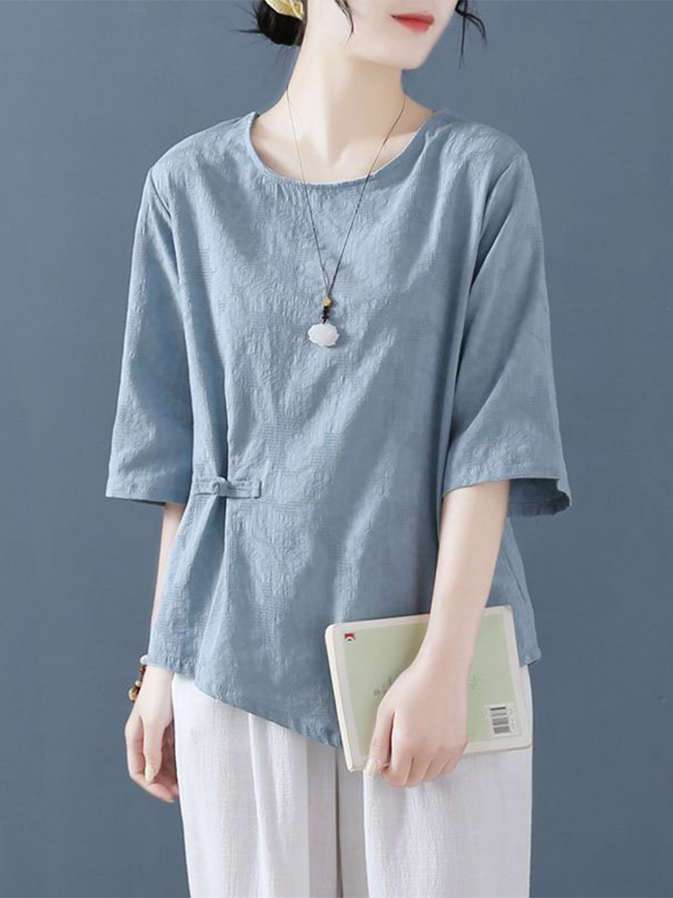 棉麻短袖t恤女夏季新款宽松文艺盘扣提花净色显瘦不规则亚麻上衣
