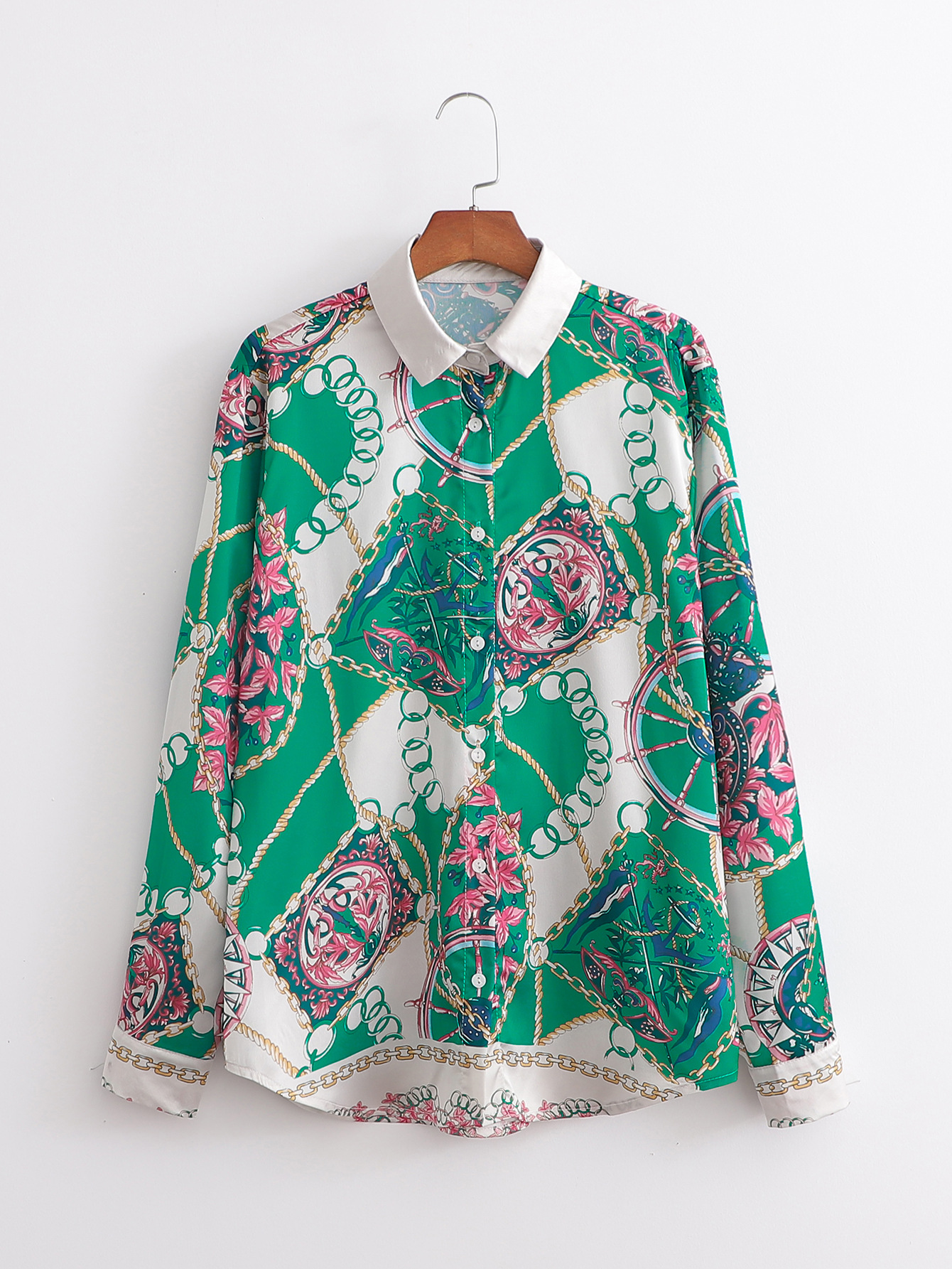 wish亚马逊ebay2022春女装长袖绿定位花衬衫