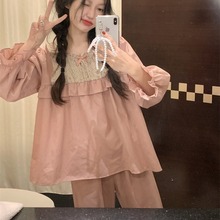 韩版ins宽松碎花拼色方领蝴蝶结睡衣甜美可爱少女纯棉家居服套装