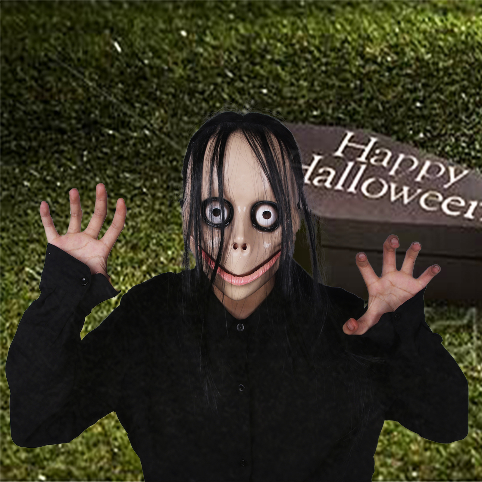 万圣节爆款momo面具 搞怪乳胶全脸长发头套scary恐怖吓人道具批发