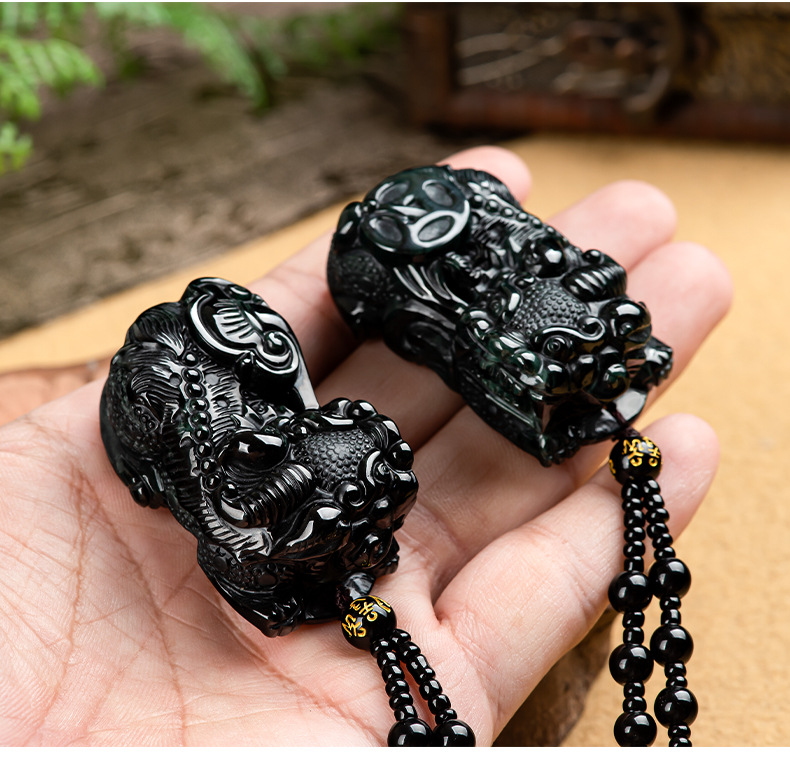 天然墨翠a货翡翠霸王貔貅招财如意冰种玉石吊坠皮丘挂件一对