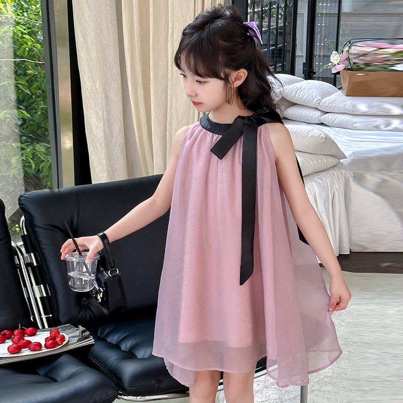 女童无袖露肩连衣裙夏季2024新款洋气挂脖裙子韩版夏装薄款雪纺裙