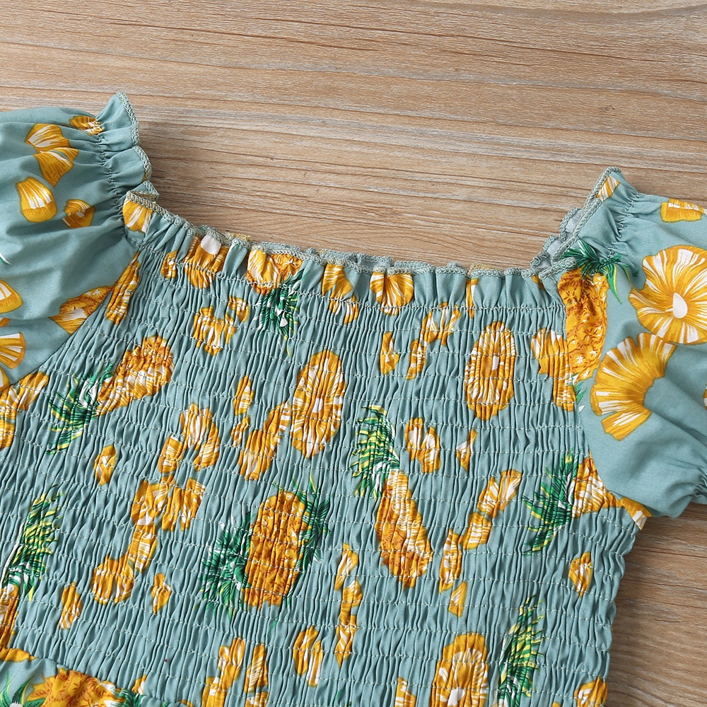 夏款2021童装新款女童气质水果款一字肩打揽菠萝印花连体裤 批发